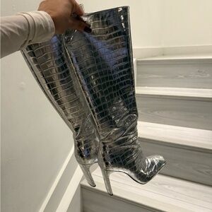 Zara Metallic Croc-Embossed Heeled Boots